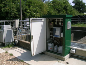 Final effluent monitoring kiosk at Dorchester WwTW comprising a Proam ammonia monitor sampling directly form the final effluent chamber.