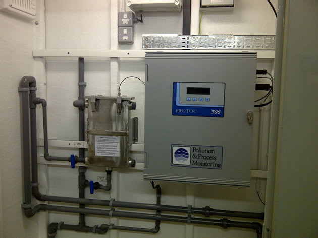 Bespoke Effluent Quality Monitoring Systems from Pollution & Process Monitoring Ltd Protoc 300 TOC analyser with membrane filtration pre-installed in a walkin analyser kiosk